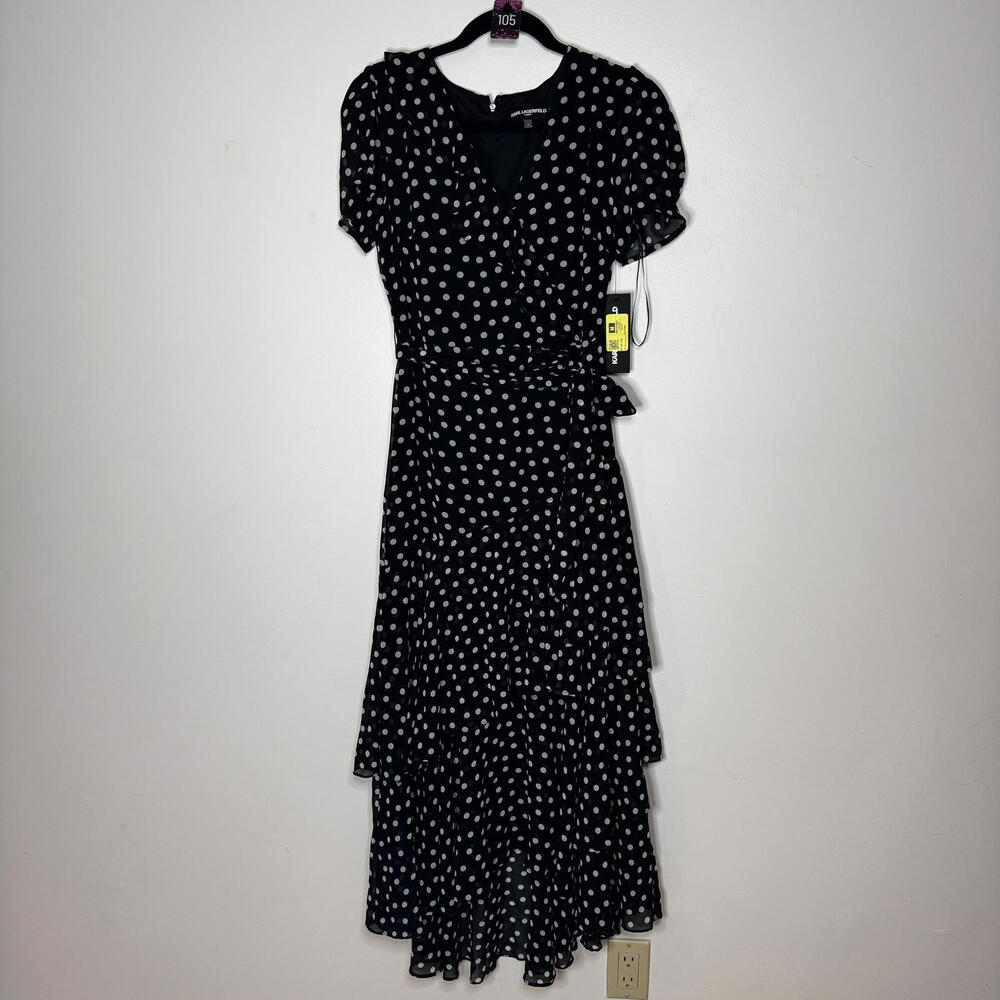 Karl Lagerfeld Polka Dot Tiered V-Neck Midi Dress - Picture 6 of 7